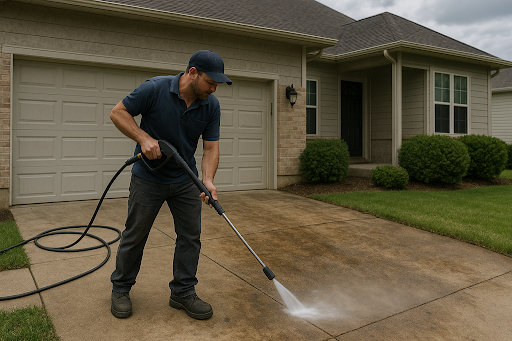 Technician using a pressure washer on a stained driveway in Morris Plains, NJ.