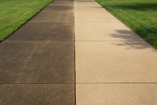 Walkway before and after concrete pressure washing showing a clean and safer path.