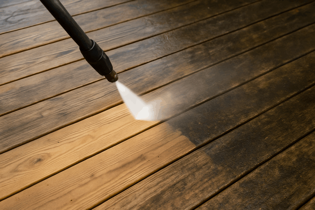 Professional power washing removing grime from a wooden deck in Morris Plains, NJ.