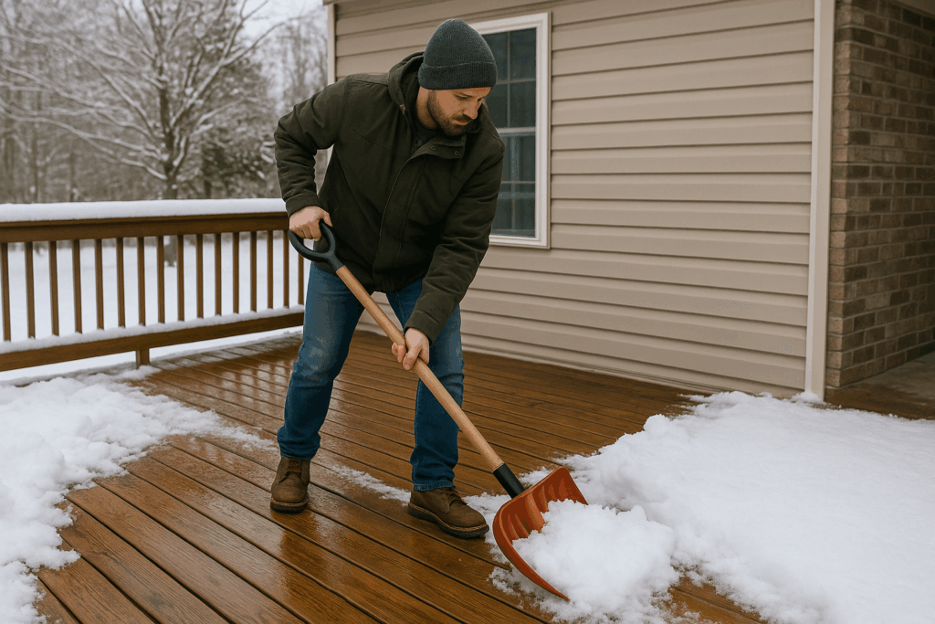 Homeowner removing snow from a sealed deck to prevent moisture damage.