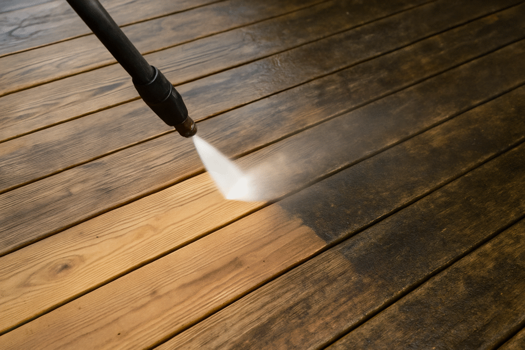 Professional power washing removing grime from a wooden deck in Morris Plains, NJ.