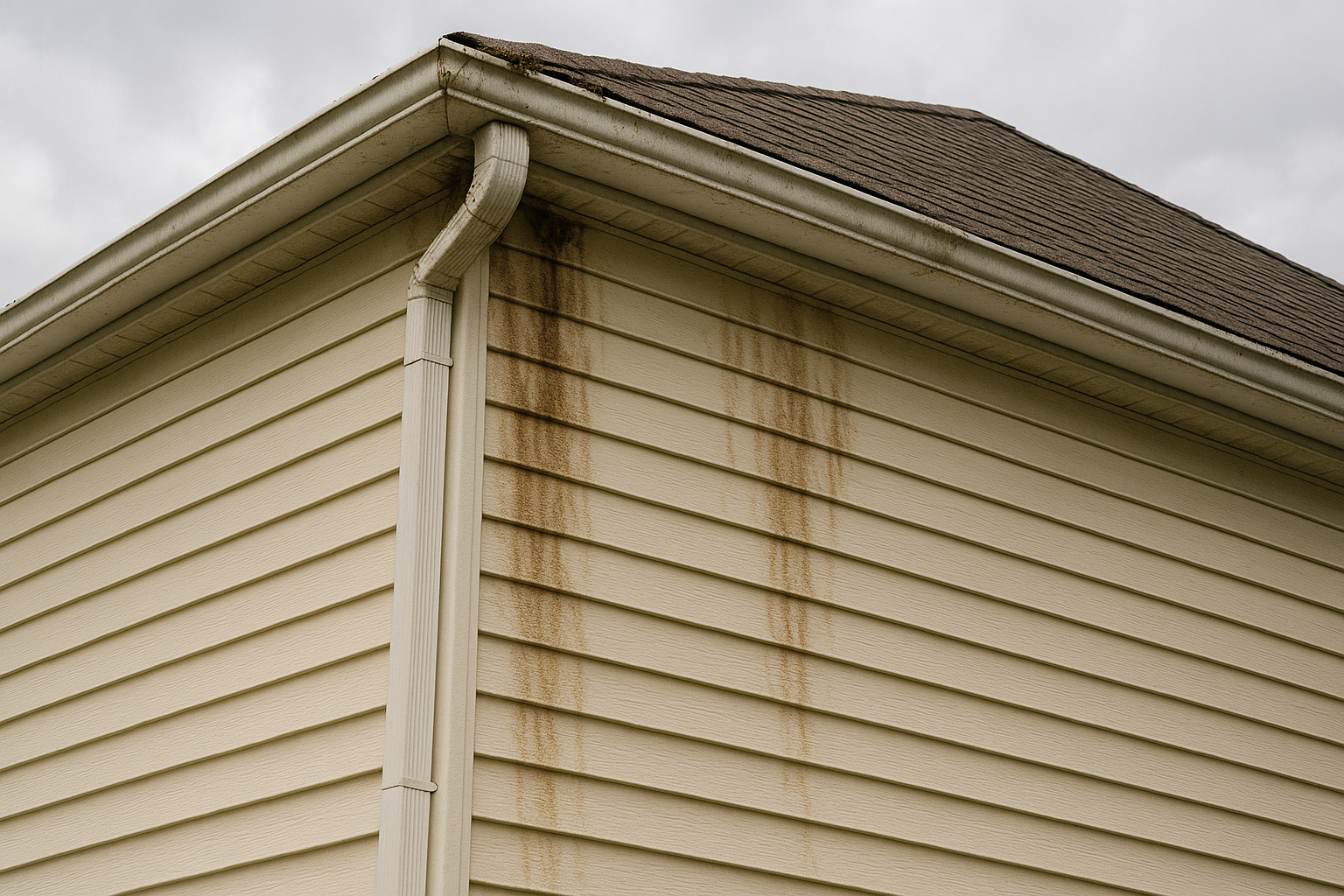Home siding with visible water stains from clogged gutters.