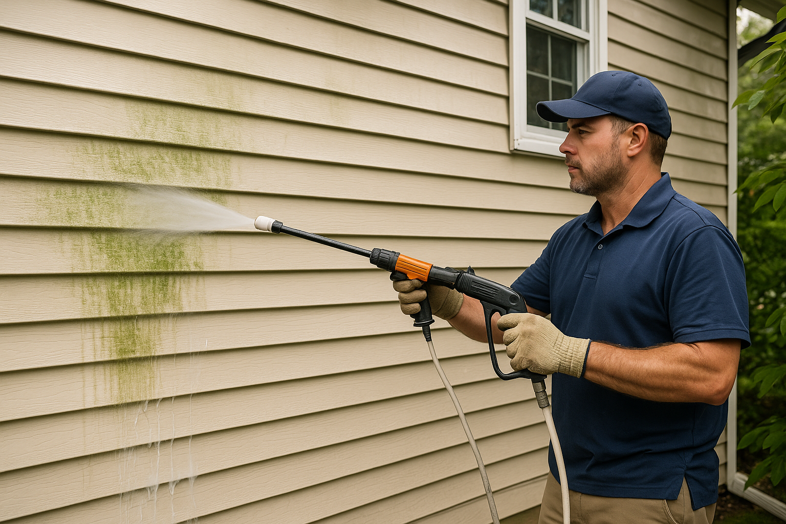 Close-up of a technician cleaning siding with the soft washing method to remove algae and dirt.